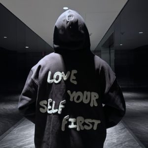 OVER SIZED UNISEX PUFF PRINT HOODIE – LOVE YOUR SELF FIRST (GREY)